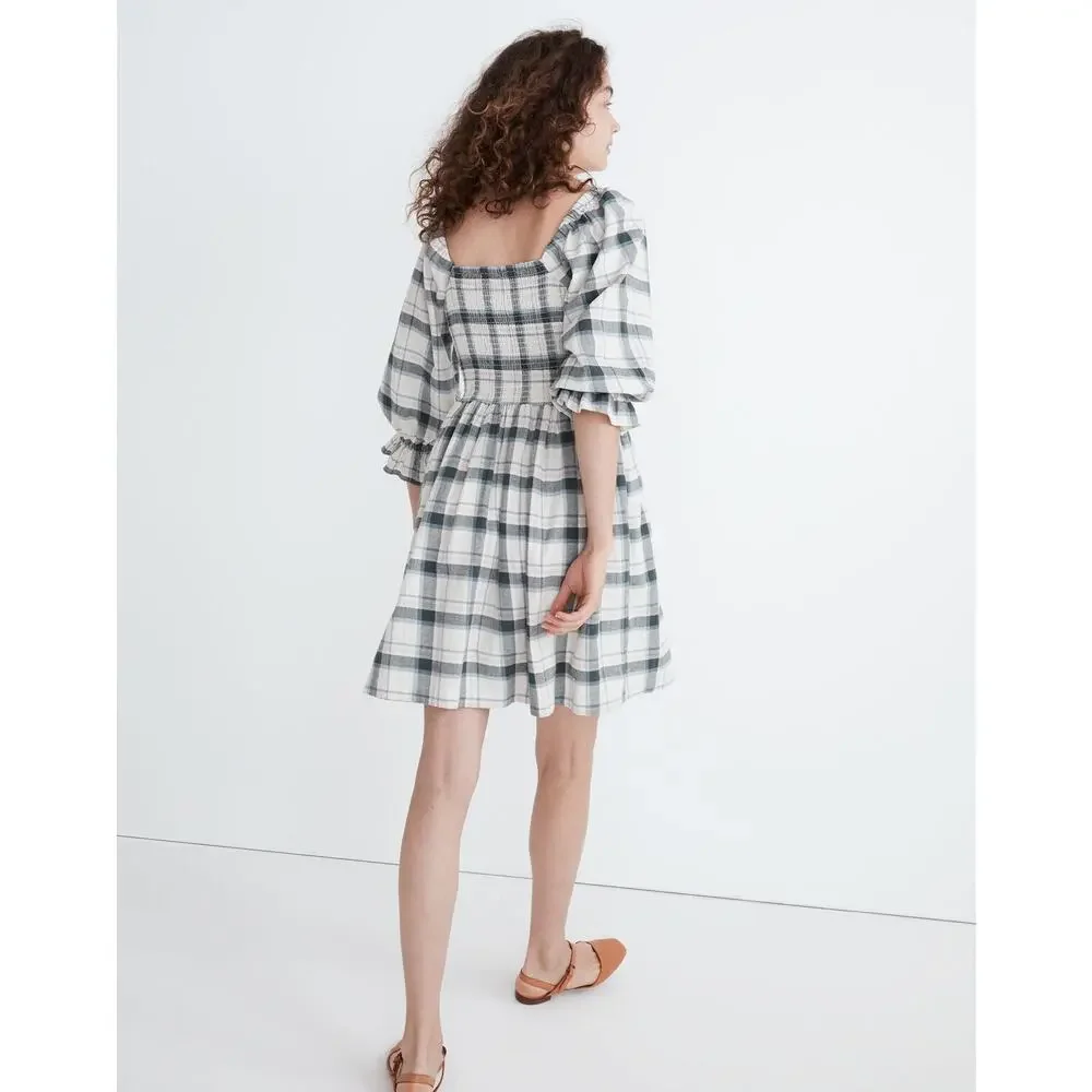 Madewell Lucie Elbow-Sleeve Smocked Mini Dress in Lebaum Plaid Size Medium